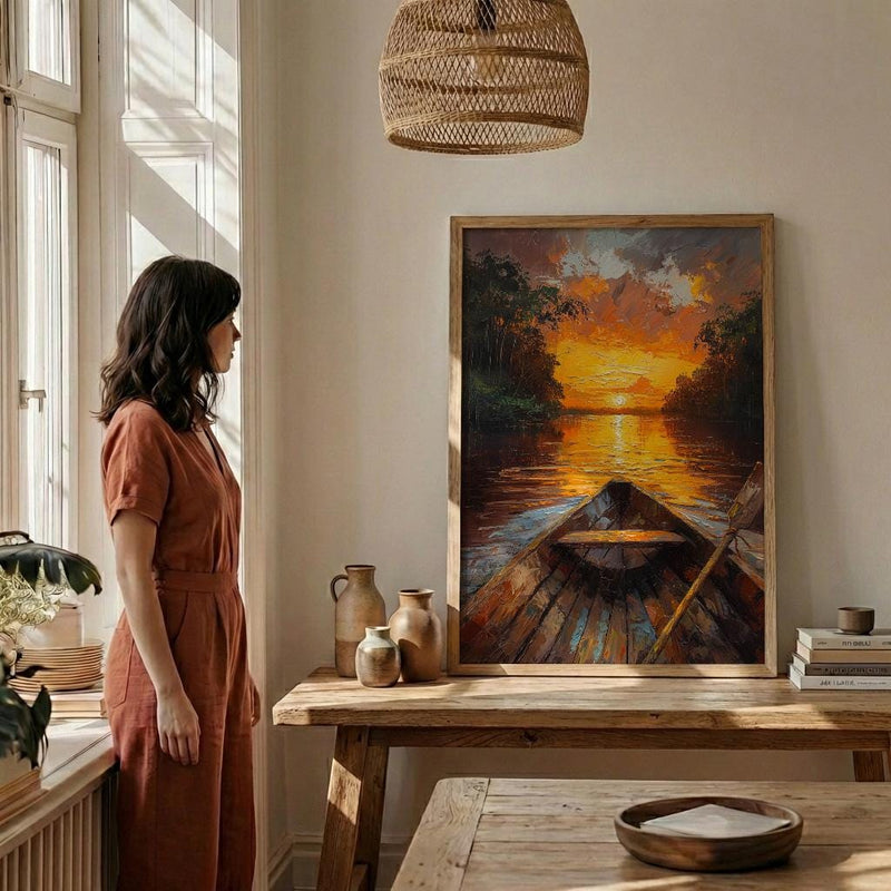 Amazon River Sunset Poster, Tropical Jungle Travel Decor - Glowing Orange Summer Water View