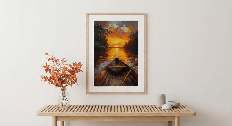 Amazon River Sunset Poster, Tropical Jungle Travel Decor - Glowing Orange Summer Water View