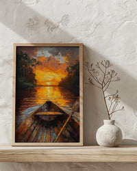 Amazon River Sunset Poster, Tropical Jungle Travel Decor - Glowing Orange Summer Water View