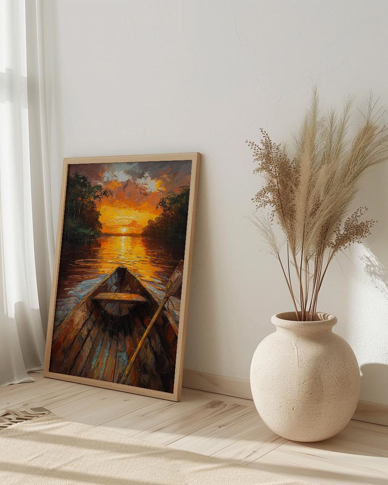 Amazon River Sunset Poster, Tropical Jungle Travel Decor - Glowing Orange Summer Water View