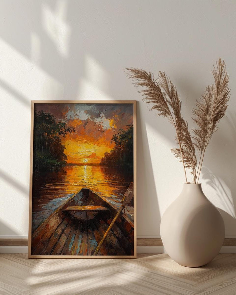 Amazon River Sunset Poster, Tropical Jungle Travel Decor - Glowing Orange Summer Water View