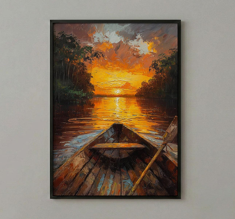 Amazon River Sunset Poster, Tropical Jungle Travel Decor - Glowing Orange Summer Water View