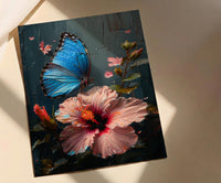Blue Morpho Butterfly Wall Art, Costa Rica Decor - Pink Hibiscus Flower Summer View