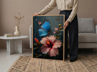 Blue Morpho Butterfly Wall Art, Costa Rica Decor - Pink Hibiscus Flower Summer View