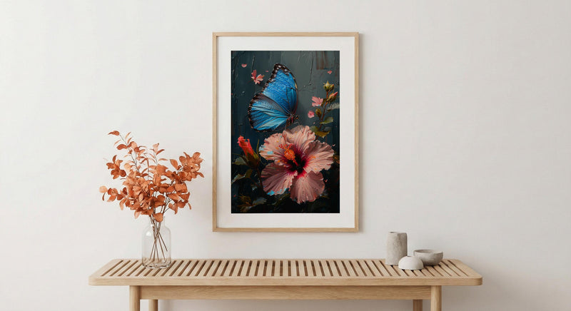 Blue Morpho Butterfly Wall Art, Costa Rica Decor - Pink Hibiscus Flower Summer View
