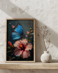 Blue Morpho Butterfly Wall Art, Costa Rica Decor - Pink Hibiscus Flower Summer View