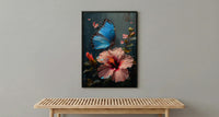 Blue Morpho Butterfly Wall Art, Costa Rica Decor - Pink Hibiscus Flower Summer View