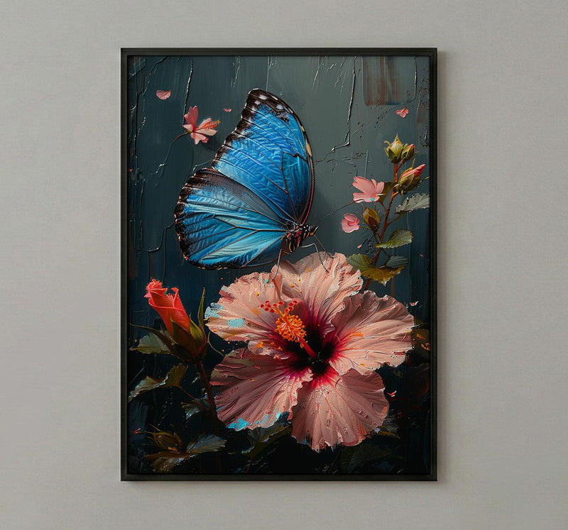 Blue Morpho Butterfly Wall Art, Costa Rica Decor - Pink Hibiscus Flower Summer View