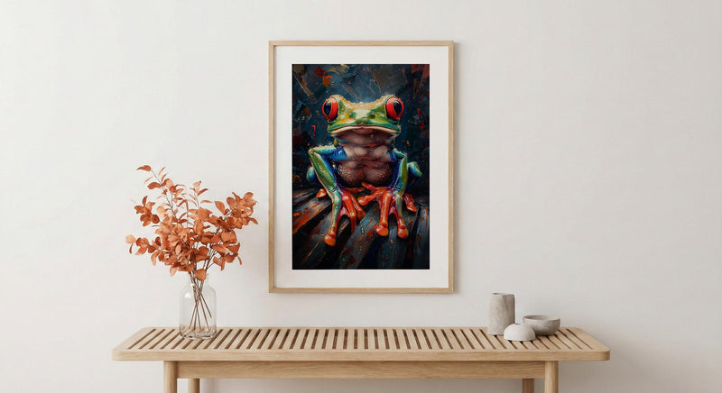 Exotic Tree Frog Art Print, Tropical Nature Decor - Green Palm Leaf Summer Rain