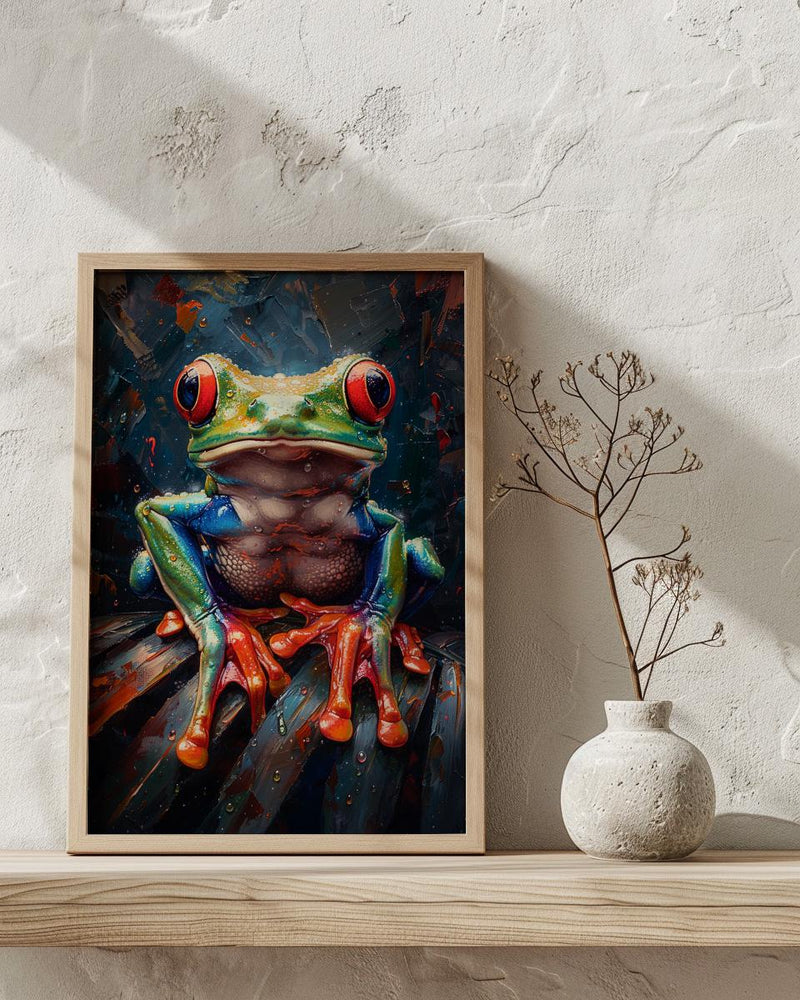 Exotic Tree Frog Art Print, Tropical Nature Decor - Green Palm Leaf Summer Rain