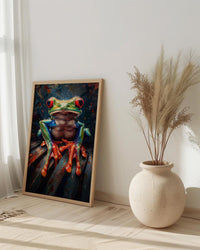 Exotic Tree Frog Art Print, Tropical Nature Decor - Green Palm Leaf Summer Rain