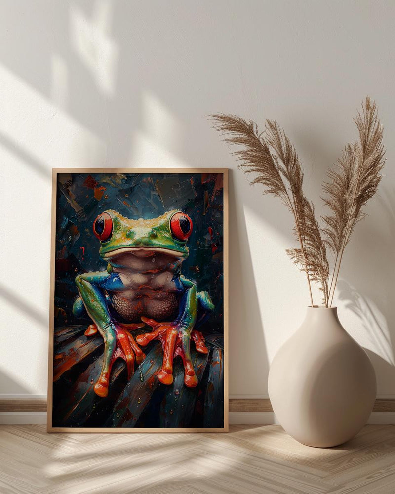 Exotic Tree Frog Art Print, Tropical Nature Decor - Green Palm Leaf Summer Rain