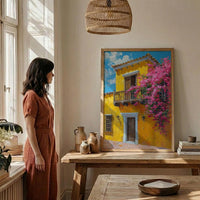 Cartagena Yellow Facade Wall Art, Colombia City Decor - Pink Bougainvillea Balcony Summer View