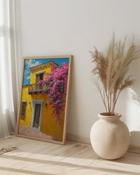 Cartagena Yellow Facade Wall Art, Colombia City Decor - Pink Bougainvillea Balcony Summer View
