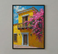 Cartagena Yellow Facade Wall Art, Colombia City Decor - Pink Bougainvillea Balcony Summer View