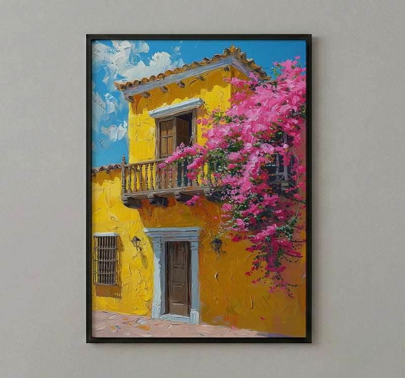 Cartagena Yellow Facade Wall Art, Colombia City Decor - Pink Bougainvillea Balcony Summer View