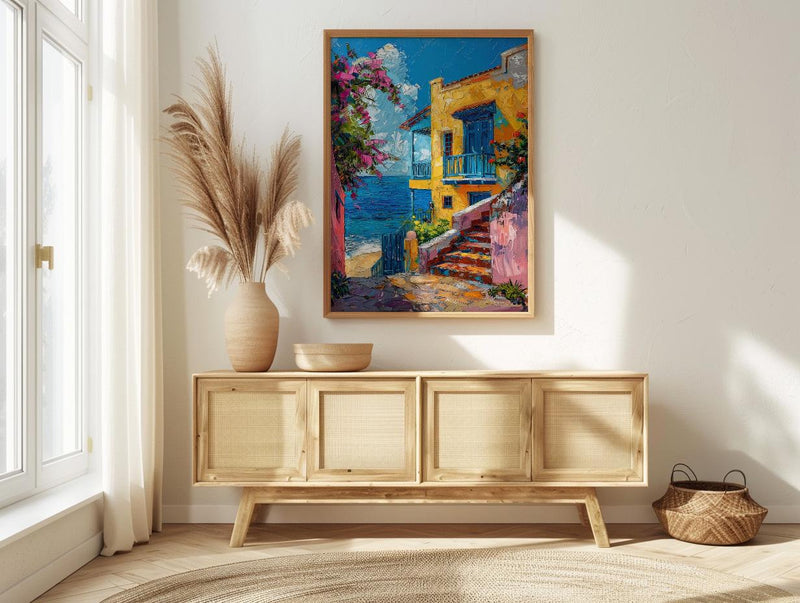 Old San Juan Poster, Puerto Rico Coastal Decor - Blue Cobblestone Street Summer Sky