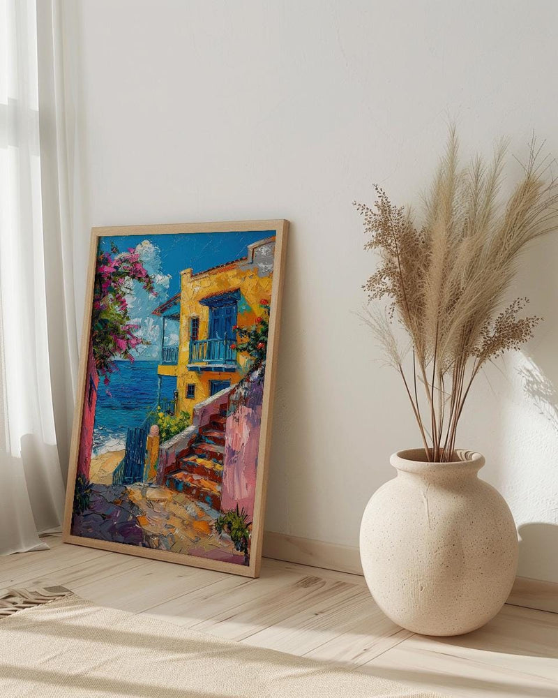 Old San Juan Poster, Puerto Rico Coastal Decor - Blue Cobblestone Street Summer Sky