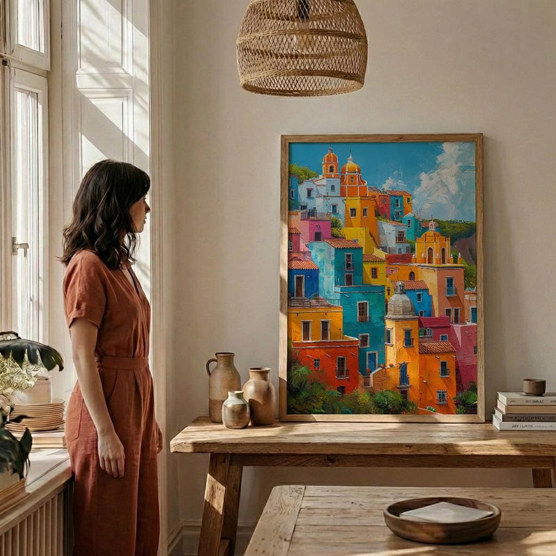 Guanajuato Colorful Hill Wall Art, Mexico City Decor - Bright Summer Sunshine Panoramic View