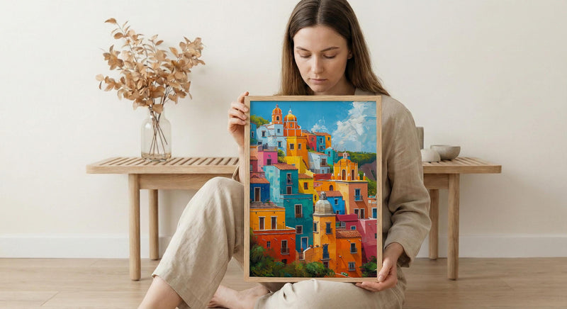Guanajuato Colorful Hill Wall Art, Mexico City Decor - Bright Summer Sunshine Panoramic View