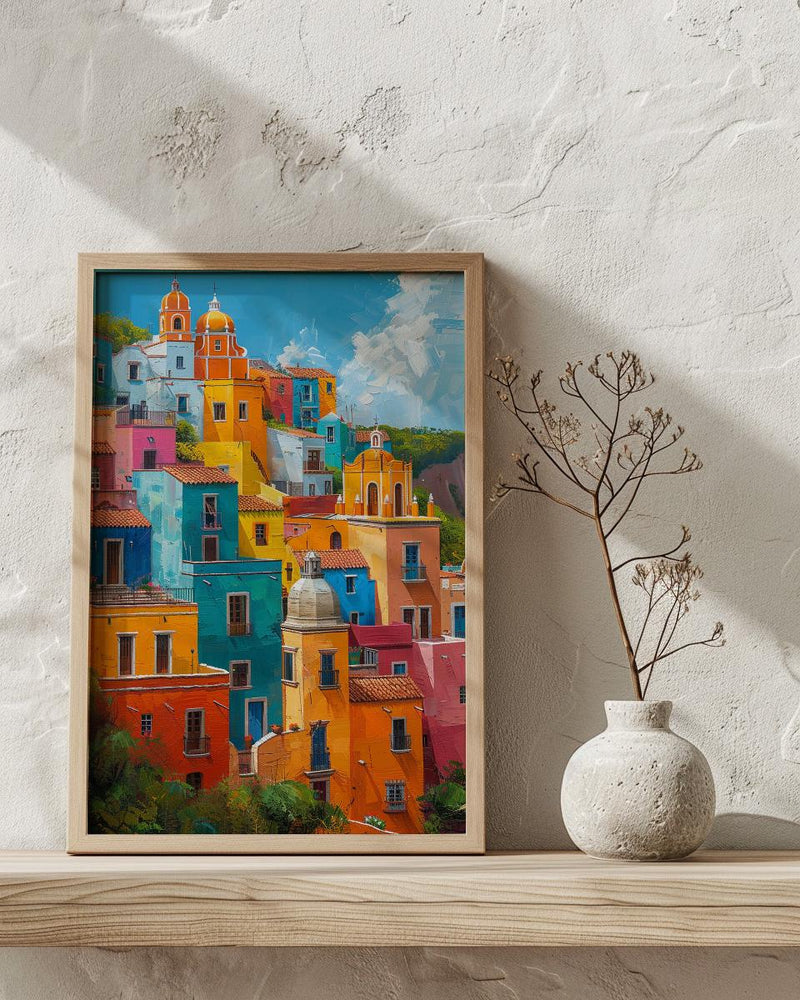 Guanajuato Colorful Hill Wall Art, Mexico City Decor - Bright Summer Sunshine Panoramic View