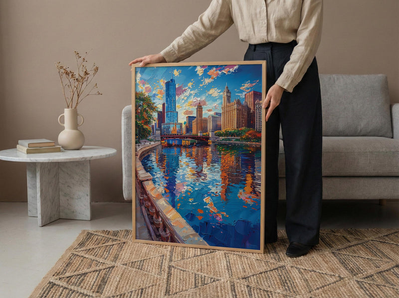 Chicago Cloud Gate Art Print, Millennium Park City Decor - Skyline Reflection Summer Sky