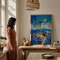 Seattle Space Needle Poster, Washington State City Skyline Decor - Mount Rainier Summer View