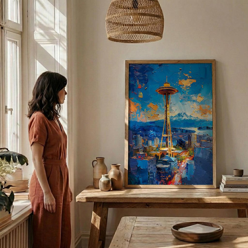 Seattle Space Needle Poster, Washington State City Skyline Decor - Mount Rainier Summer View