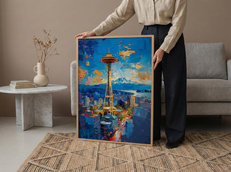 Seattle Space Needle Poster, Washington State City Skyline Decor - Mount Rainier Summer View