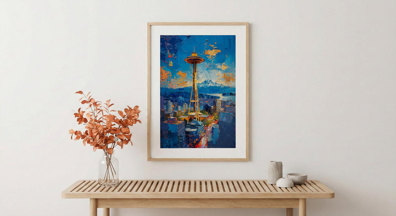 Seattle Space Needle Poster, Washington State City Skyline Decor - Mount Rainier Summer View