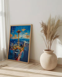 Seattle Space Needle Poster, Washington State City Skyline Decor - Mount Rainier Summer View