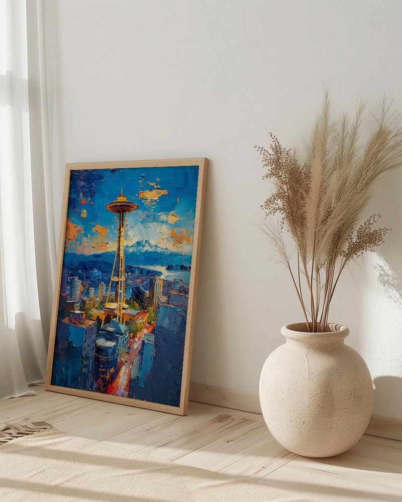 Seattle Space Needle Poster, Washington State City Skyline Decor - Mount Rainier Summer View