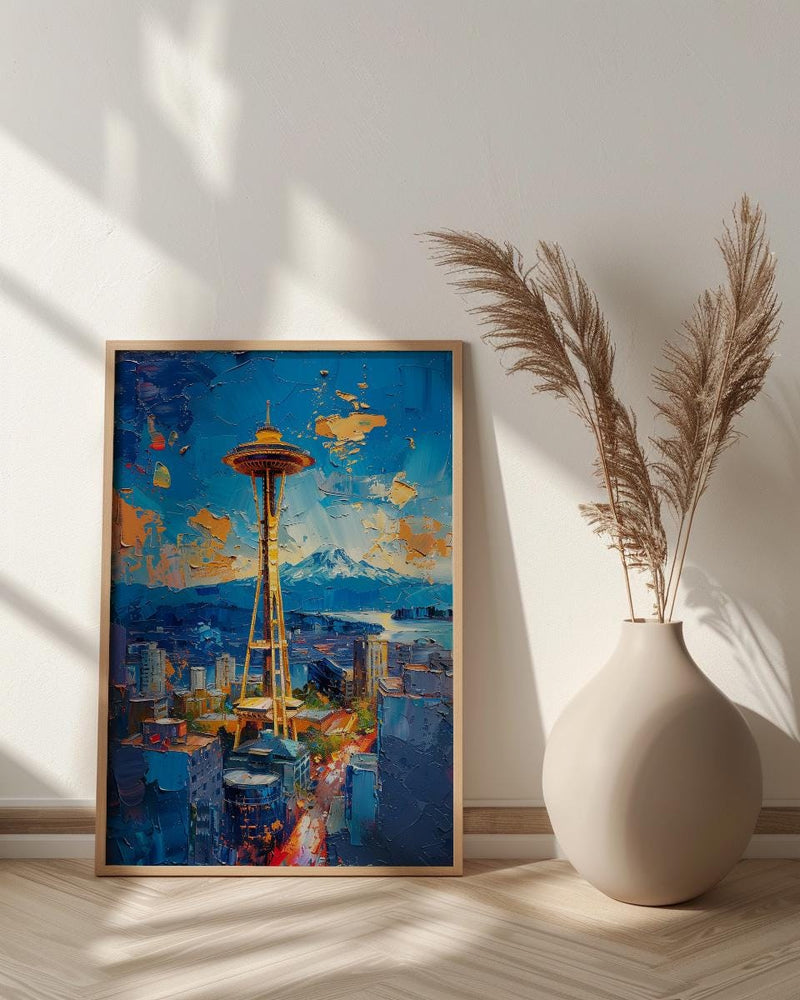 Seattle Space Needle Poster, Washington State City Skyline Decor - Mount Rainier Summer View