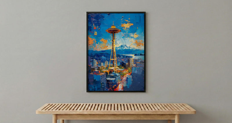 Seattle Space Needle Poster, Washington State City Skyline Decor - Mount Rainier Summer View