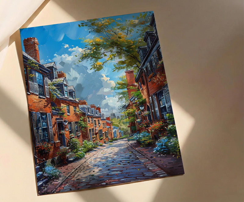Boston Beacon Hill Art Print, Historic Cobblestone Street Decor - Charming Brick House Summer