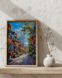 Boston Beacon Hill Art Print, Historic Cobblestone Street Decor - Charming Brick House Summer