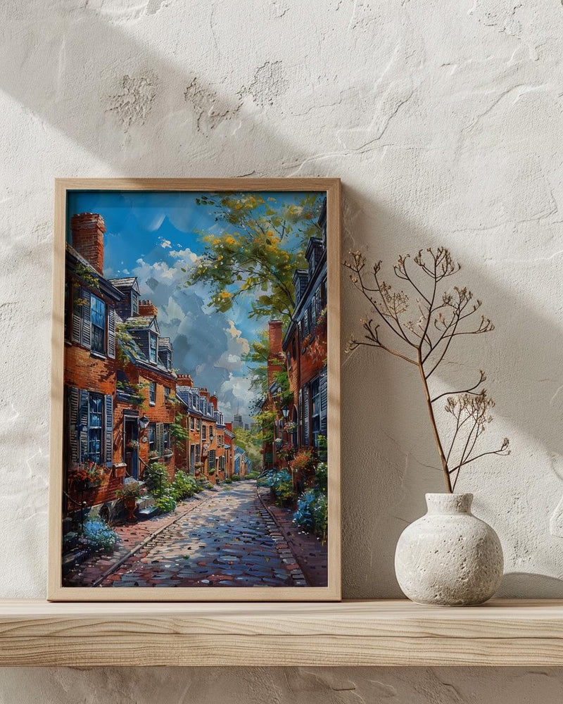 Boston Beacon Hill Art Print, Historic Cobblestone Street Decor - Charming Brick House Summer