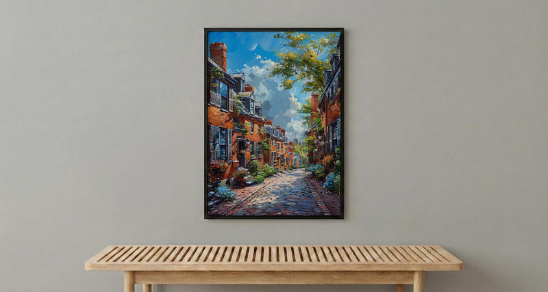 Boston Beacon Hill Art Print, Historic Cobblestone Street Decor - Charming Brick House Summer