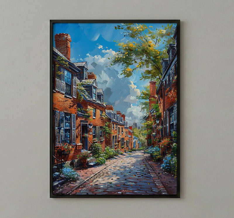 Boston Beacon Hill Art Print, Historic Cobblestone Street Decor - Charming Brick House Summer