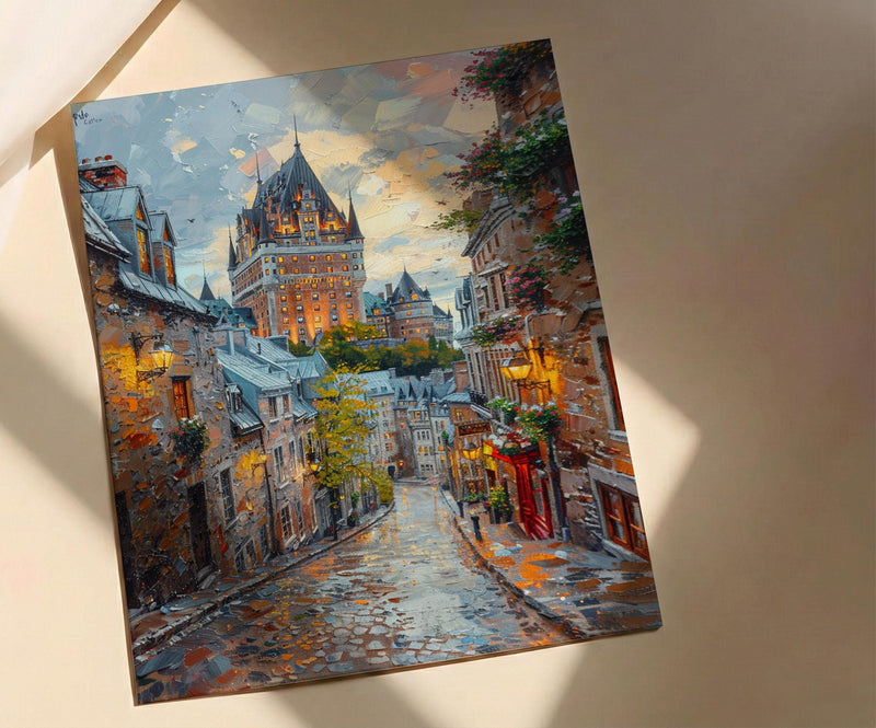 Quebec City Castle Poster, Historic Canadian Architecture Travel Decor - Cobblestone Street Summer View