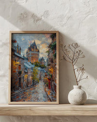 Quebec City Castle Poster, Historic Canadian Architecture Travel Decor - Cobblestone Street Summer View