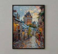 Quebec City Castle Poster, Historic Canadian Architecture Travel Decor - Cobblestone Street Summer View