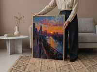 Austin City Skyline Art Print, Texas Summer Night Decor - Golden Sunset River Landscape