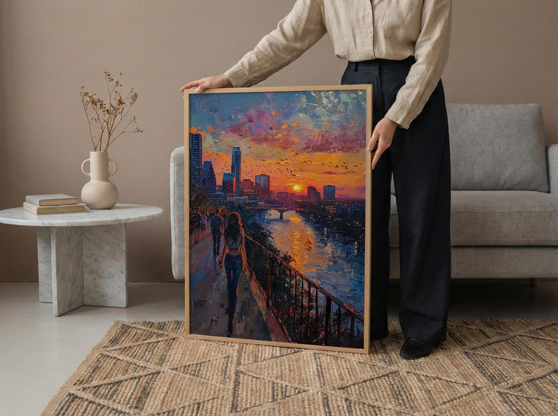 Austin City Skyline Art Print, Texas Summer Night Decor - Golden Sunset River Landscape