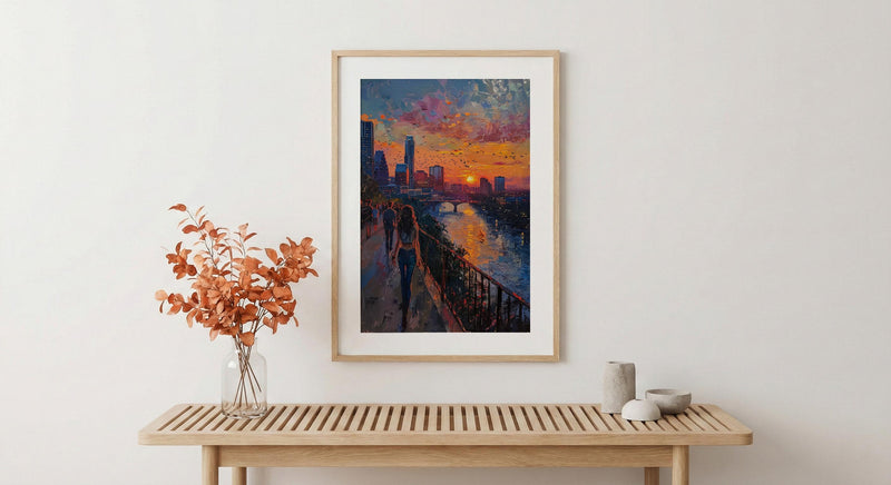 Austin City Skyline Art Print, Texas Summer Night Decor - Golden Sunset River Landscape