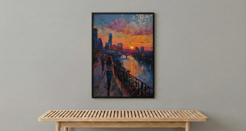 Austin City Skyline Art Print, Texas Summer Night Decor - Golden Sunset River Landscape