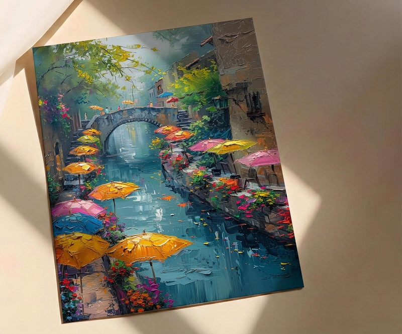 San Antonio River Walk Wall Art, Texas Travel Decor - Colorful Umbrella Summer Afternoon