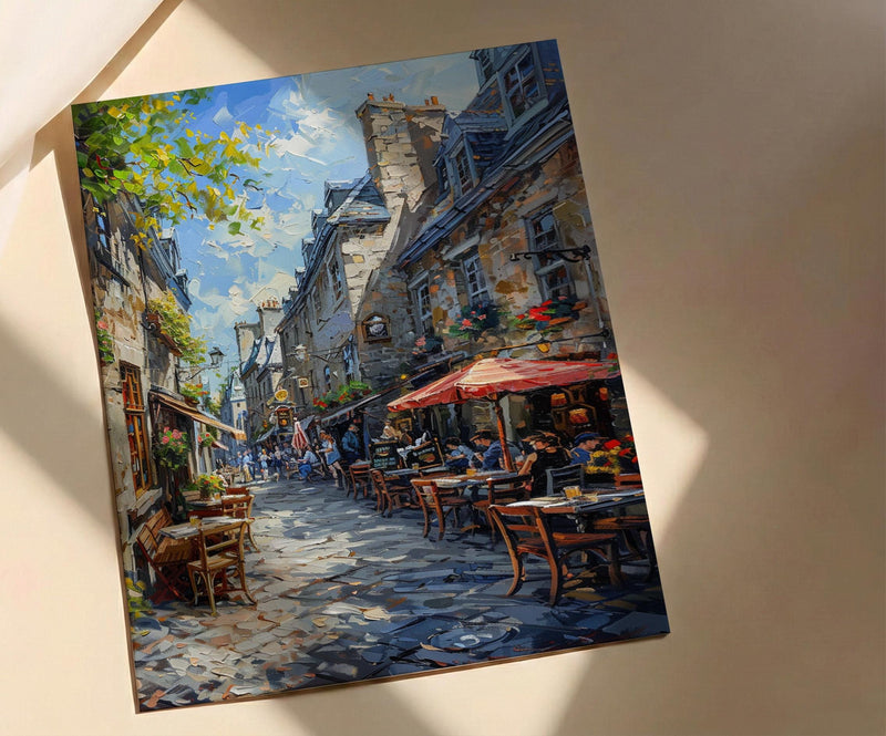 Montreal Old Port Art Print, Historic Canada Travel Decor - Stone Building Summer Cafe View