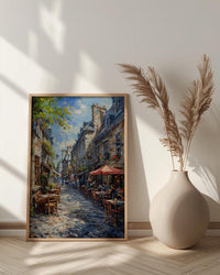 Montreal Old Port Art Print, Historic Canada Travel Decor - Stone Building Summer Cafe View