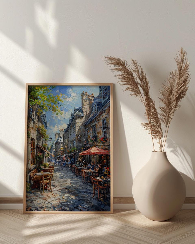 Montreal Old Port Art Print, Historic Canada Travel Decor - Stone Building Summer Cafe View
